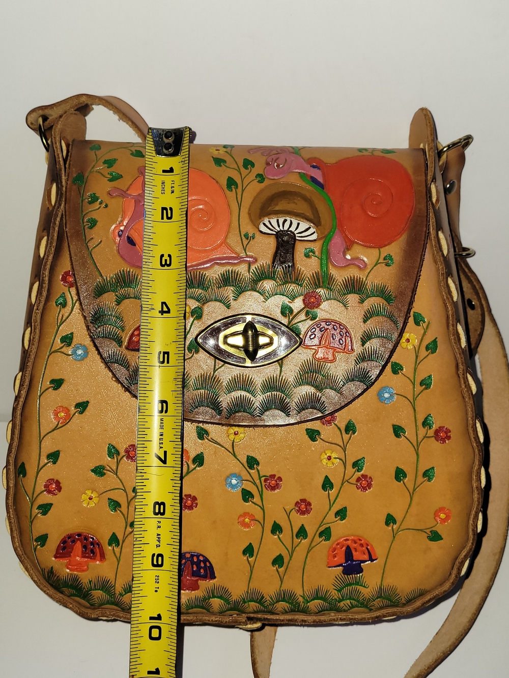 Hand-Painted Tan Leather Crossbody Bag with Floral & Mushroom Motif - Picture 7 of 9